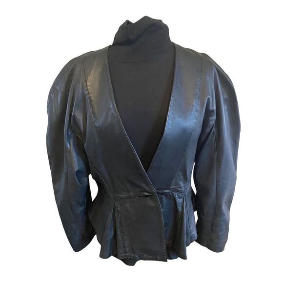 AVANT GARDE 80S BLACK LEATHER POWER SHOULDER PEPLUM JACKET LARGE - Picture 1 of 12